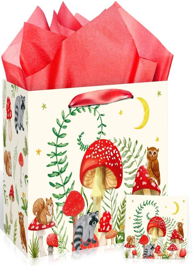 Woosytoo Mushroom Gift Bag for Mushroom Party Decoration Mushroom Birthday Gift Bag with Tissue Papers and Card Mushroom Themed Wrapping Bags Squirrel Owl for Boys Girls Xmas Jungle Party Christmas Baby Shower - Image 1